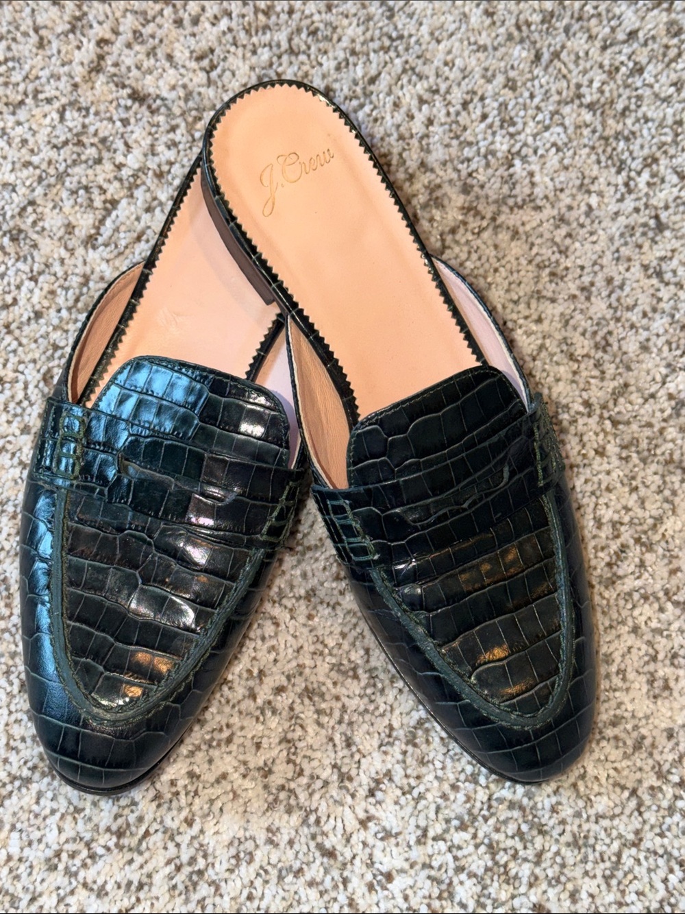 J. Crew Dark Green/Teal Croc-Embossed Leather Mule Slides